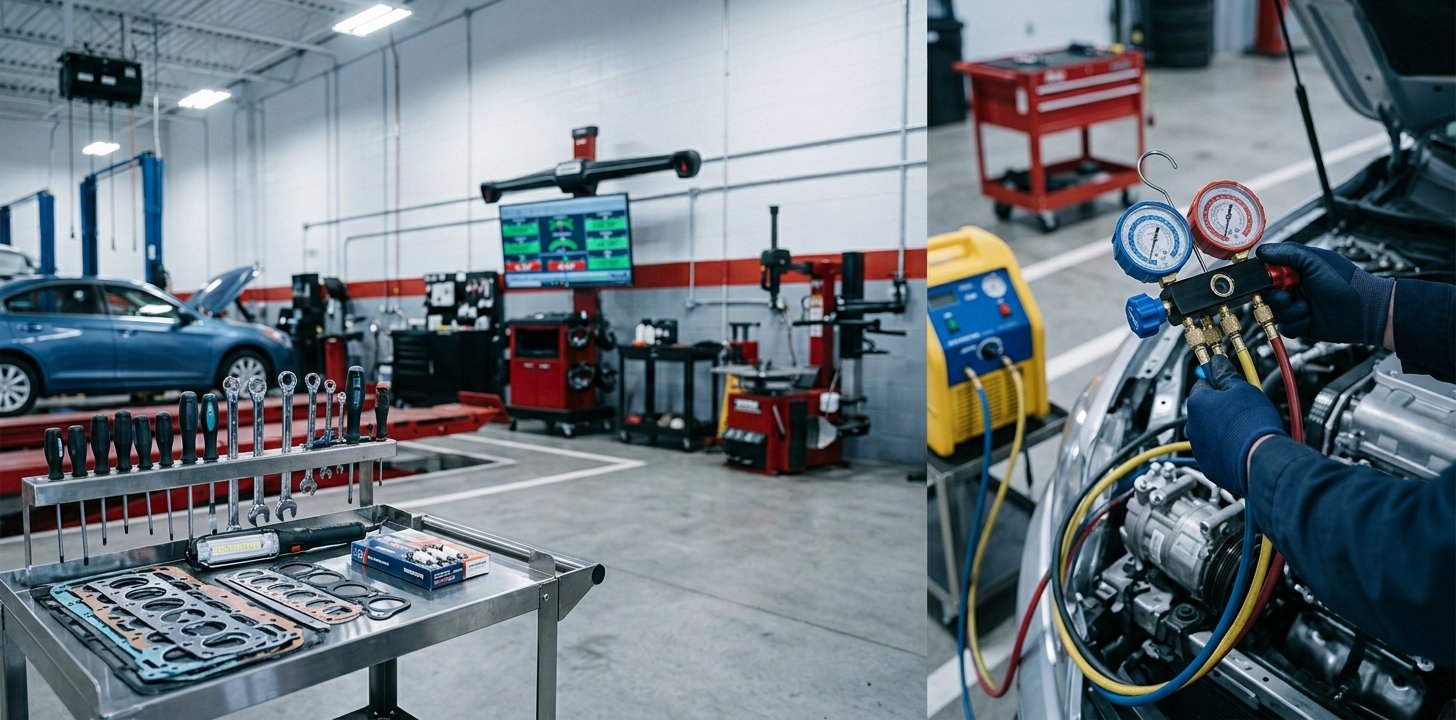 Mechanic recharging a car AC system with refrigerant gauges in a US shop