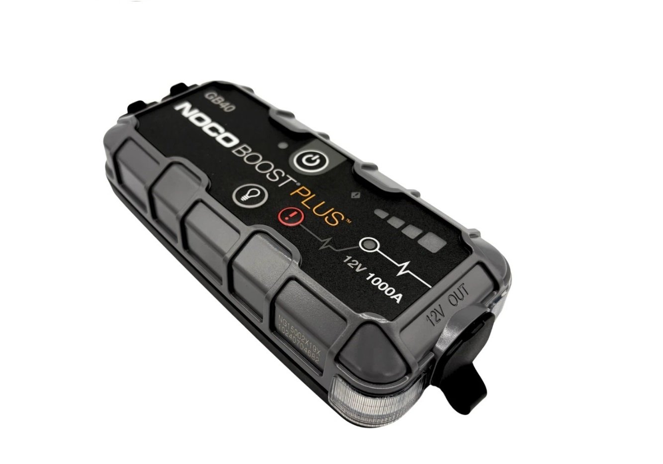 Portable jump starter with clamps connected to a car battery