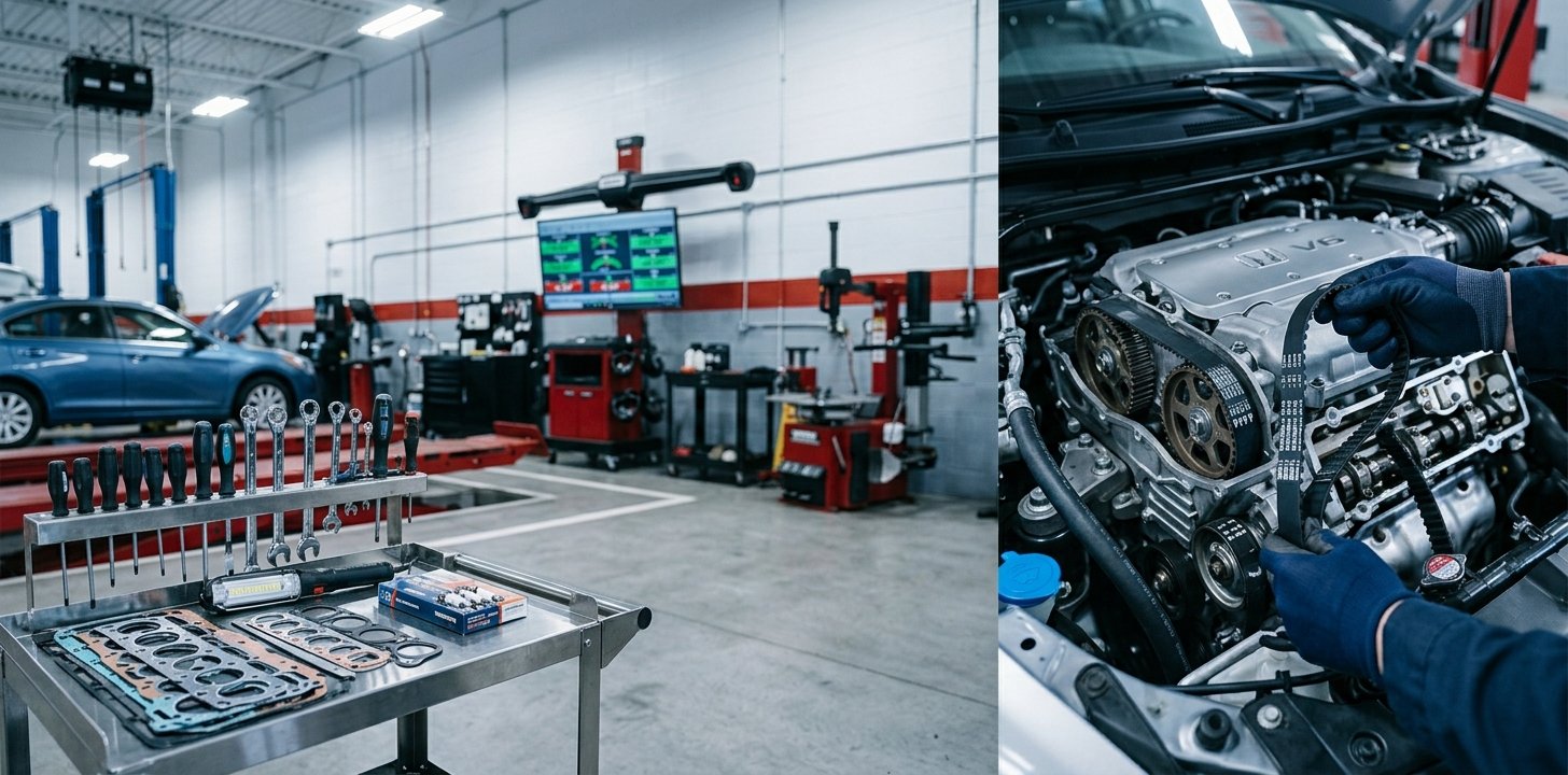Mechanic replacing a timing belt on a car engine in a US shop