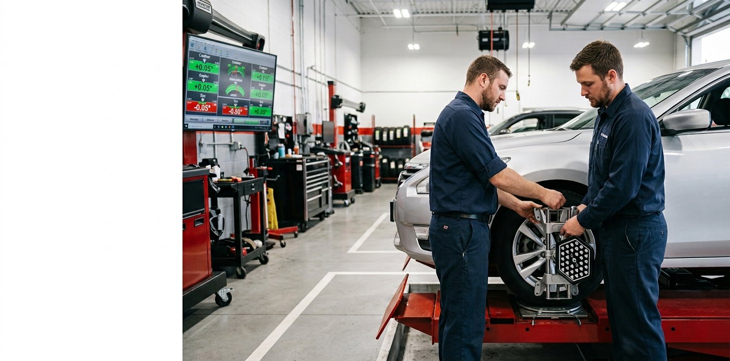 Mechanic adjusting a wheel alignment sensor on a car